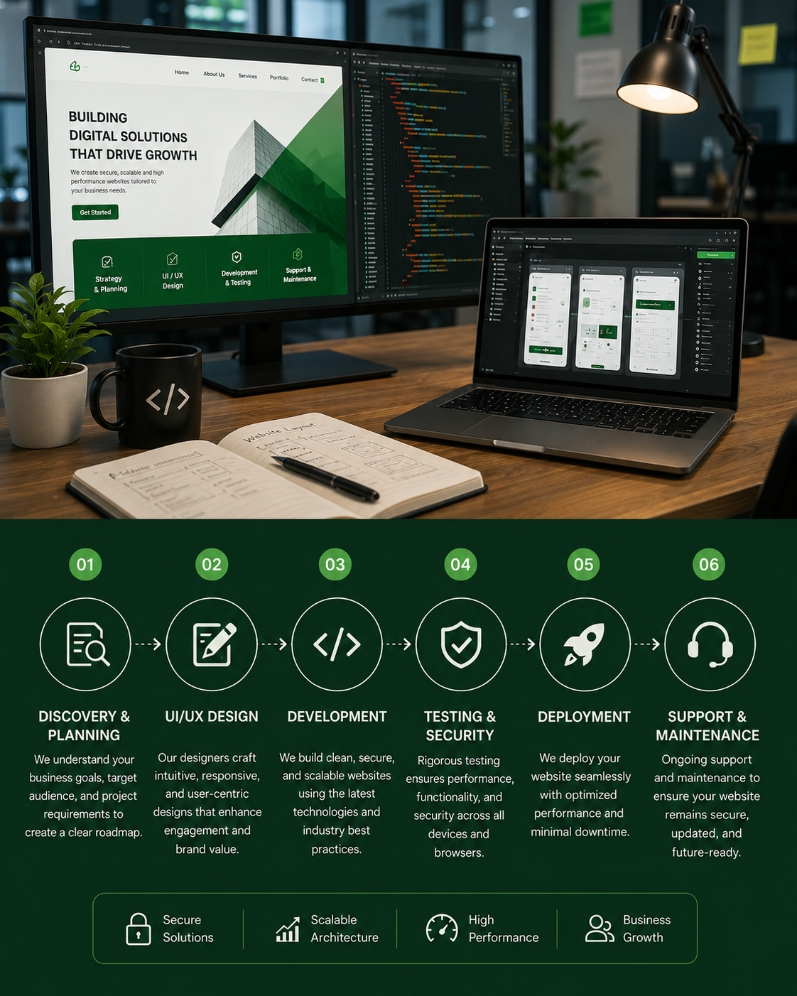 Website design and development process for responsive and scalable business websites